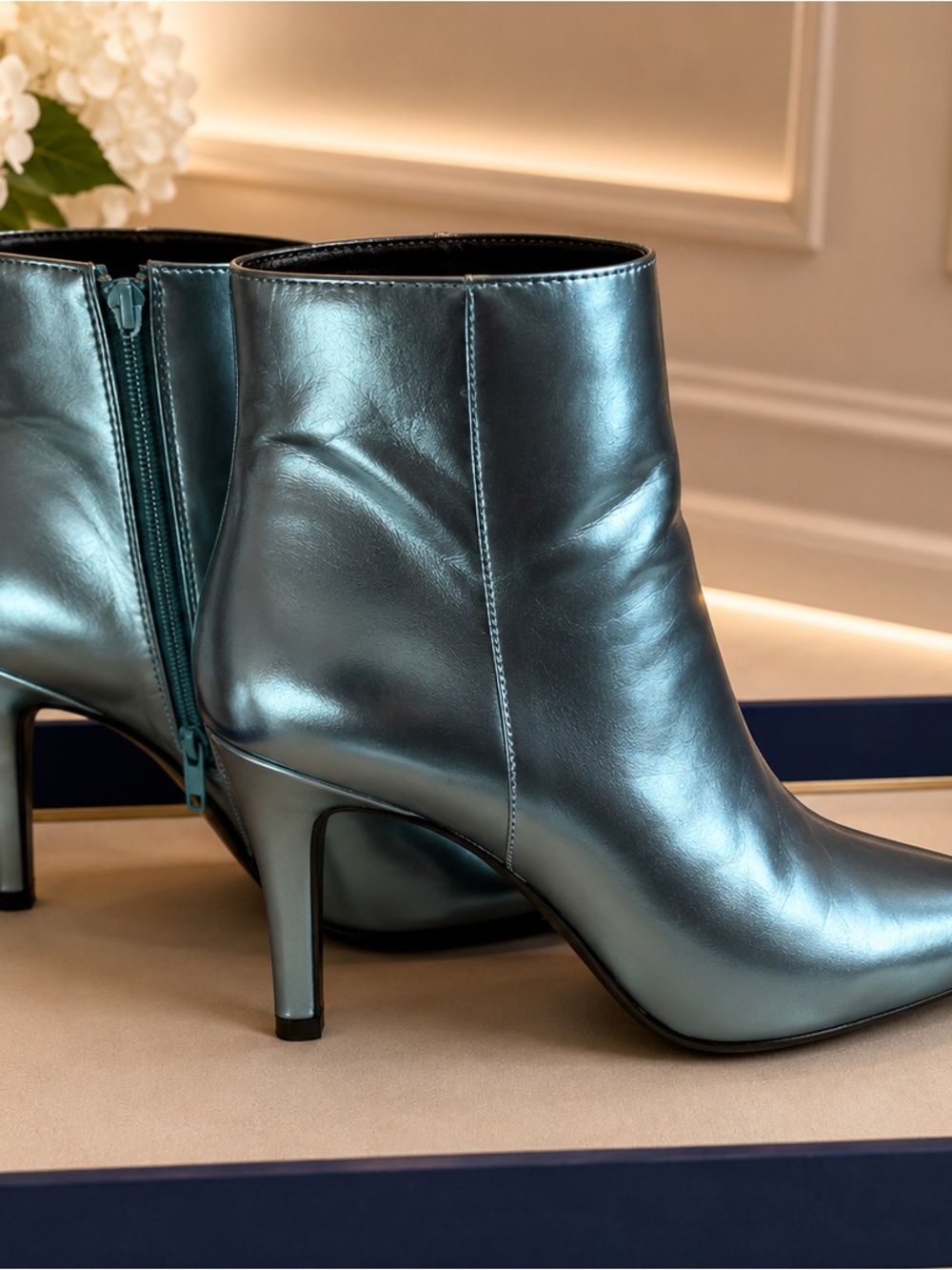 Metallic Teal Pointed-Toe Ankle Boots - Women